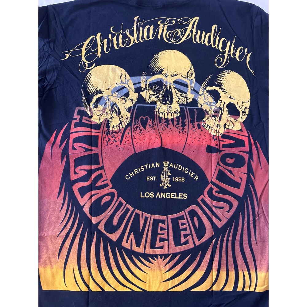 Christian Audigier Mens Black Gold Chain Skull Graphic T-Shirt Style 919 M NWT